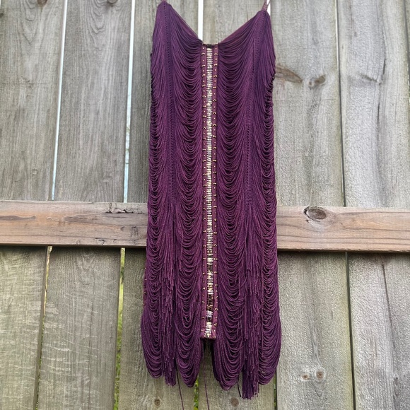 VERY RARE Free People Jagger Fringe Dress Plum Purple Beaded Sz 2 - Picture 1 of 11